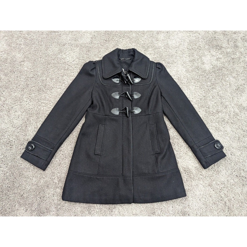 GUESS Pea Coat Womens Extra Small Petites Black Wool Blend Collared Lining